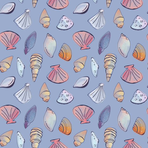 Watercolor seashell sea oceanic square seamless pattern isolate on lilac background. Print for fabric, textile, postcard, banner, poster, stationery, wrapping paper, packaging, brand - Фото, зображення