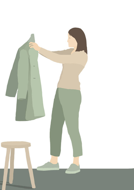 An illustration of a woman holding her coat at home - the concept of sustainable fashion. - Fotó, kép