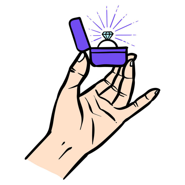 Hand holding diamond ring box. Vector illustration. - Vector, Image