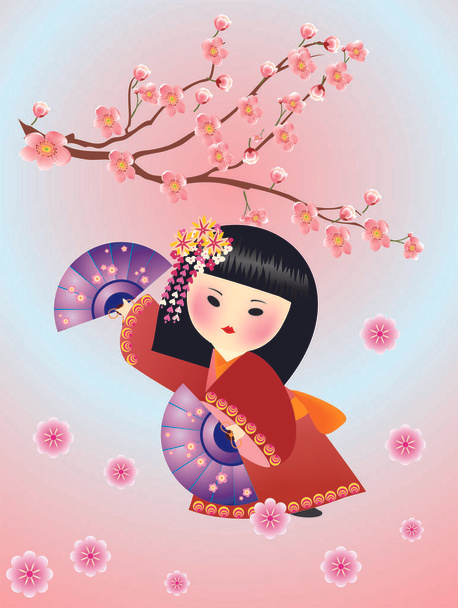 compositie met een Japans meisje die gekleed is in een traditioneel Japans kostuum  - Vector, afbeelding