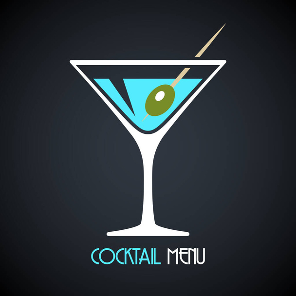 Bicchiere Martini con martini versati o vermut e olive. Modello di design per menu cocktail. Illustrazione vettoriale su sfondo scuro - Vettoriali, immagini