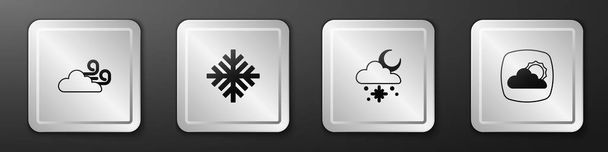 Definir tempo ventoso, floco de neve, nuvem com neve e sol e ícone de previsão do tempo. Botão quadrado de prata. Vetor - Vetor, Imagem