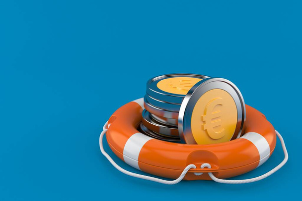 Pilha de moedas de euro com bóia salva-vidas isolada sobre fundo azul. ilustração 3d - Foto, Imagem