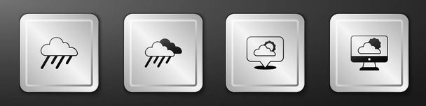 Setzen Wolke mit Regen,, Standort Wolke und Wettervorhersage-Symbol. Silberner quadratischer Knopf. Vektor - Vektor, Bild