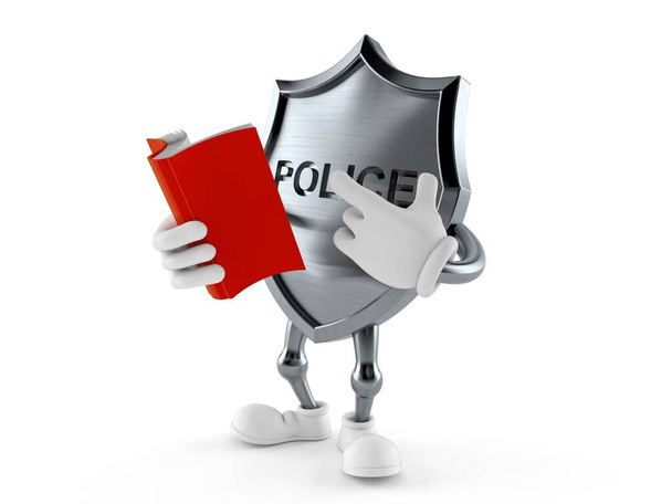Персонаж полицейского значка читает книгу на белом фоне. 3d иллюстрация - Фото, изображение