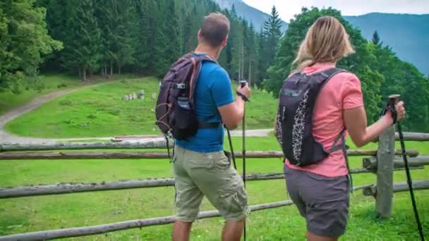 Clipe de um casal que caminha em um caminho de montanha durante uma excursão. O homem pára de admirar a paisagem. Trekking nordic walking vídeo shot in Topla Valley, Crna na Koroskem, Eslovênia - Filmagem, Vídeo