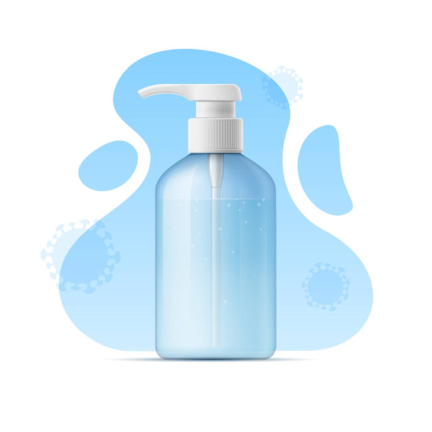Disinfectant hand sanitizer, antibacterial alcohol gel bottle. Vector 3d illustration liquid soap dispenser on background of abstract shapes. Hand hygiene product. Prevention of pandemic, virus - Vector, Image
