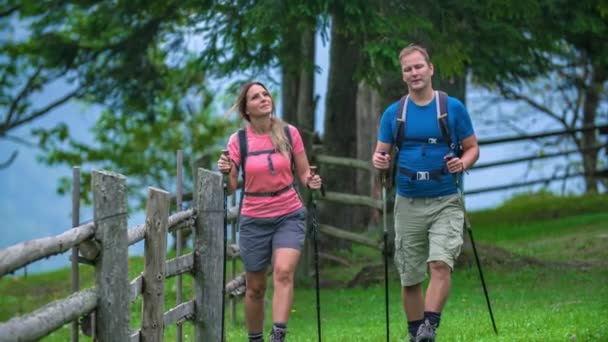 Couple randonneur avec équipement de randonnée et sac à dos explorant les environs - Séquence, vidéo