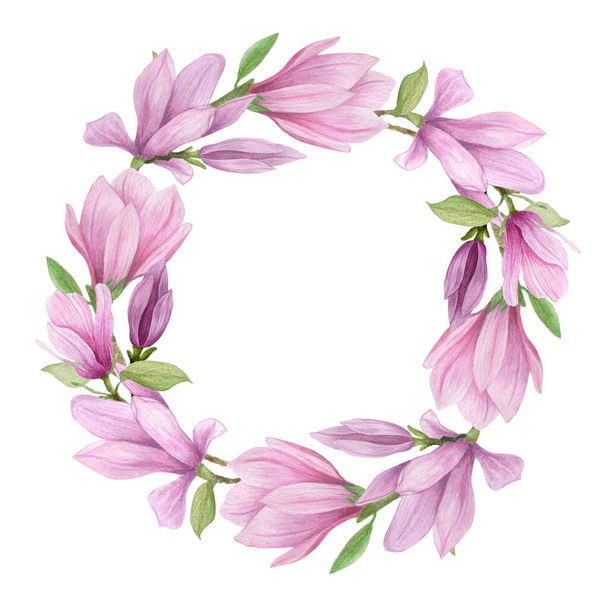 marco redondo magnolia floreciente. Acuarela Magnolia Flores para Invitaciones, Postales, Decoración de la boda - Foto, imagen