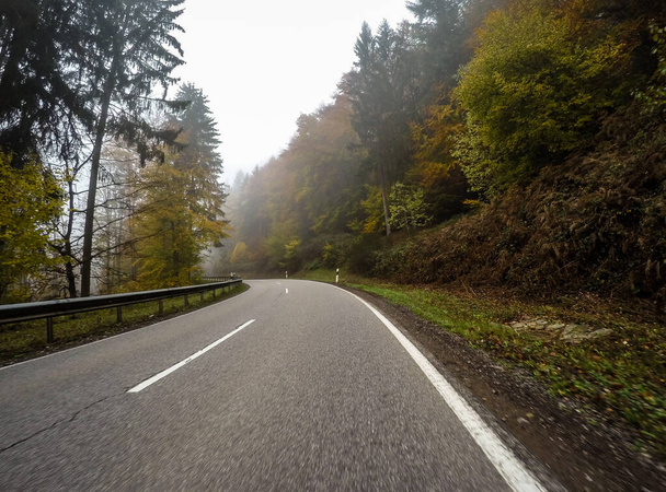 Řidič POV vinutí venkovských silnic lesem s podzimním barevným listím - Fotografie, Obrázek