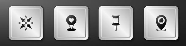 Set Wind rose, Location with heart, Push pin and house icon. Серебряная кнопка. Вектор - Вектор,изображение