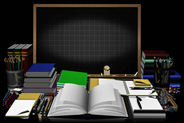 Illustration 3D. Tableau noir central pour insérer du texte avec du matériel de papeterie utilisé à l'école, à l'université, au bureau  - Photo, image