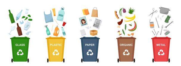 Conjunto de lixeiras para reciclagem de diferentes tipos de resíduos. Classificação e reciclagem de resíduos. ilustração vetorial - Vetor, Imagem