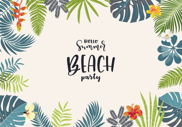 Hello Summer Beach Party beautiful jungle exotic leaves flyer, poster, banner template. Modern calligraphy summer design. Monstera, hibiscus flowers, tropical plants. Summertime Goa party illustration - Vettoriali, immagini