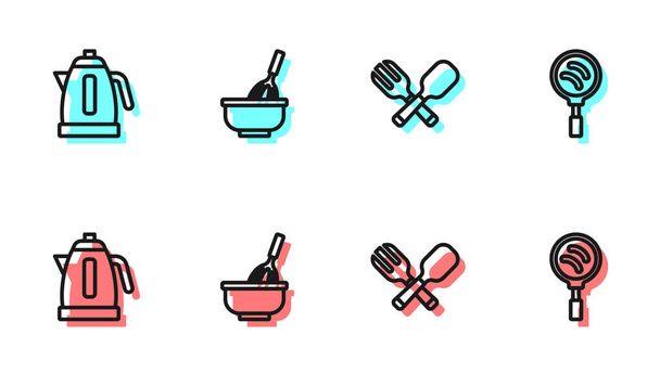 Set line Crossed fork and spoon, Electric kettle, Kitchen whisk with bowl and Frying pan icon. Vector - Vector, Image