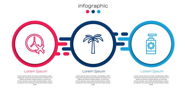 Imposta linea Orologio con aeroplano, palma tropicale e bottiglia spray crema solare. Modello di infografica aziendale. Vettore - Vettoriali, immagini