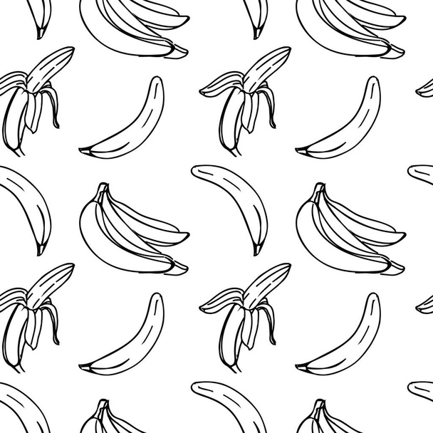 Vector seamless pattern with illustration of bananas in line art black color on a white - Vetor, Imagem