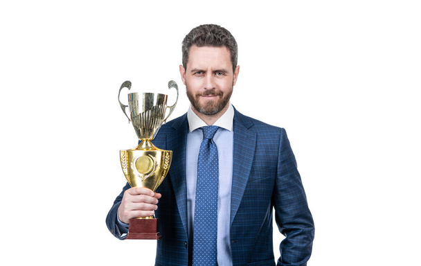 successful businessman man in suit hold champion cup s business reward isolated on white, business success. - Photo, Image