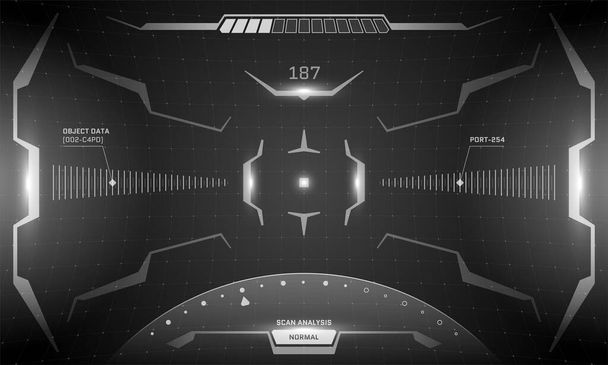 VR HUD інтерфейс кіберпанк-екран чорний і білий дизайн концепції. Футуристична науково-фантастична віртуальна реальність дивиться на главу експонування. GUI UI цифрові технології космічного корабля панелі приладів ілюстрації - Вектор, зображення
