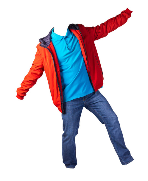 red jacket with zipper,blue shirt and blue jeans isolated on white background. casual fashion clothes - 写真・画像