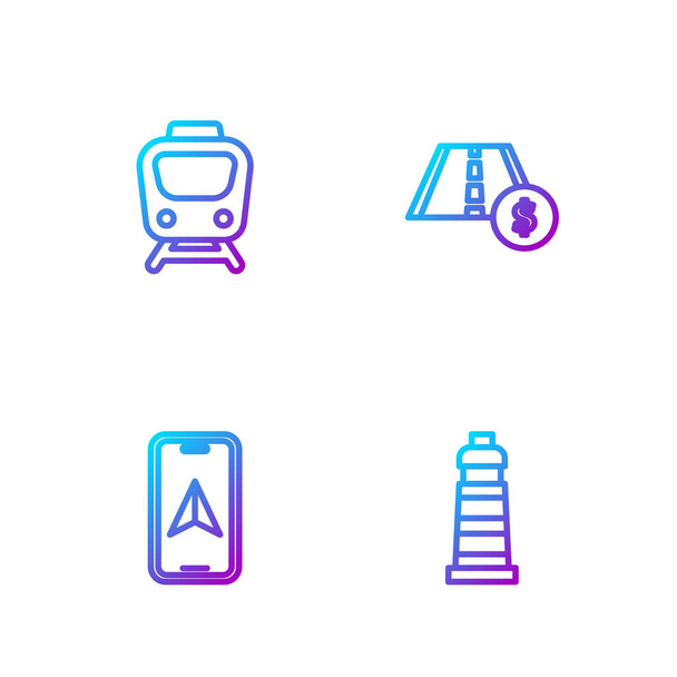 Ligne de consigne Phare, Plan de ville navigation, Train et péage signalisation routière. Icônes de couleurs dégradées. Vecteur - Vecteur, image