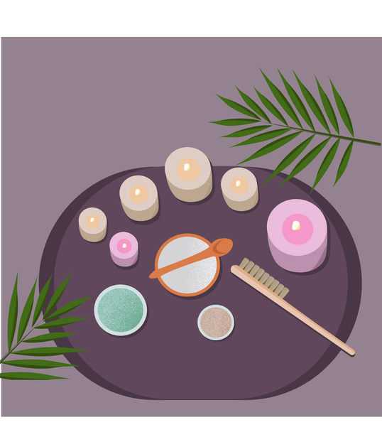 Duftende Kerzen, Peelings und eine Massagebürste sind alles, was Sie für eine großartige Entspannung im Wellnessbereich brauchen. - Vektor, Bild