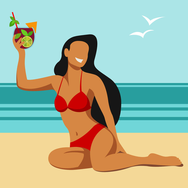vector flat design trendy illustration on the theme of summer holidays. tanned young smiling girl in a yellow bikini holds a cocktail in her hand, rests and sunbathes on the beach. - Vector, Image