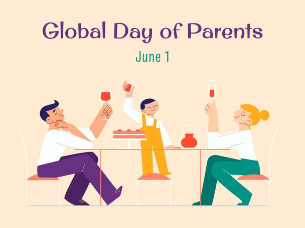 Happy family of mom, dad and their son celebrating the Global Day of Parents at the festive table. Appreciation for the commitment of parents towards their children. Family bondings and realtionship. - Vector, afbeelding