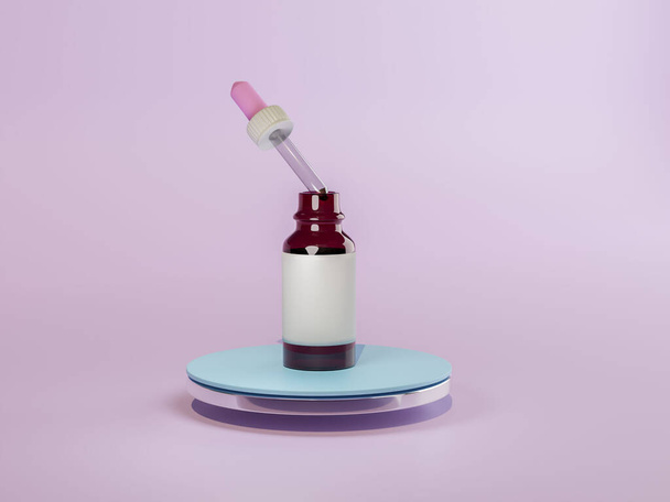 Amber bottle with pipette with essential oils. Lavender studio floating podium. 3d trendy minimal render. Natural medicine. - 写真・画像
