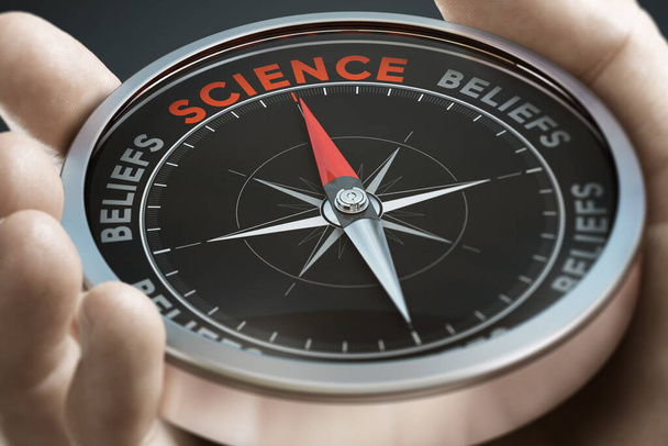 Рука тримає компас з голкою, вказуючи слово "наукове", а не вірування. Композитне зображення між ручною фотографією та 3D фоном
. - Фото, зображення