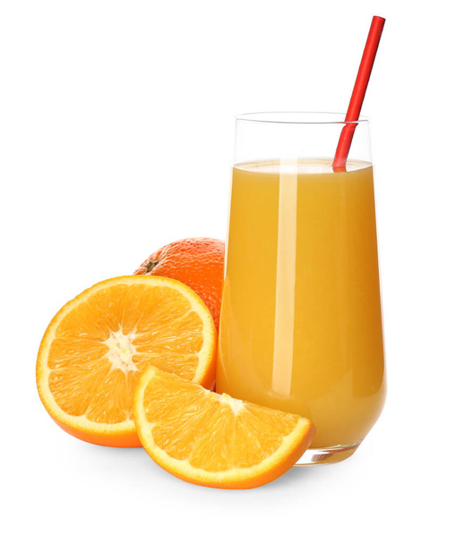 Orange juice and fresh fruits on white background - Фото, изображение