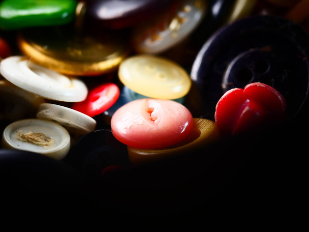 Collection of assorted spare clothes buttons. Macro. DOF - Foto, Imagen