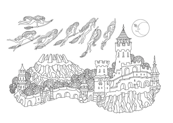Vector esboço contornado paisagem fantasia, conto de fadas pequena cidade medieval castelo na colina, bruxas voando na vassoura para o sábado. Camiseta preto e branco imprimir, Adultos Colorir página do livro  - Vetor, Imagem
