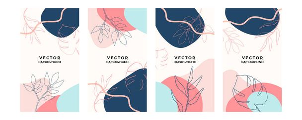 Set of abstract floral foliage art line backgrounds and wave background for social media post stories. Vector trendy minimal templates in bohemian style with copy space for text - Vector, Image