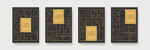 Geometrische Art Deco geometrisch patroon met label, goud op zwarte achtergrond. Gouden, vintage, retro, herfst, winter, frame teken. Decoratief abstract design, omslagsjabloon, elegante luxe lijnen - Vector, afbeelding