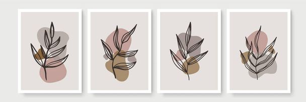 Set di poster in stile boho minimale con foglia tropicale. Moderno arredamento astratto parete con linea di fogliame disegno d'arte - Vettoriali, immagini