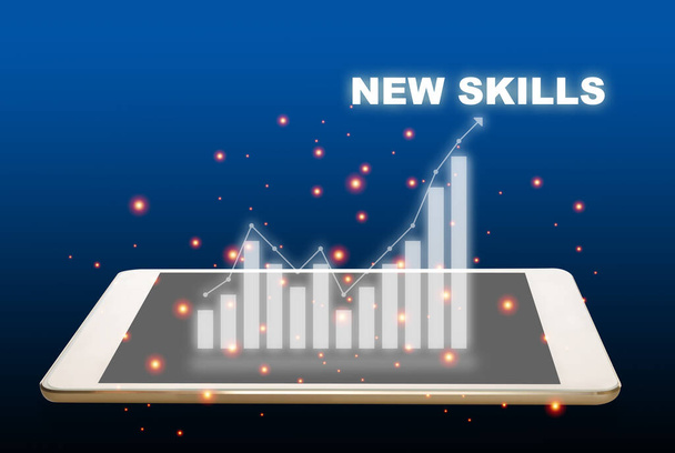 New skills with growth graph on digital tablet computer on abstract background. Future ahead with reskilling and upskilling concept and technology transformation idea - Photo, Image