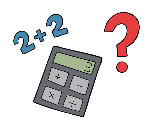 Cartoon vector illustration of calculator, wrong math and question mark. Colored and black outlines. - Vector, Image