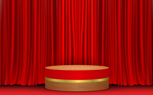 wooden podium with red curtain background studio room - Vector, Image