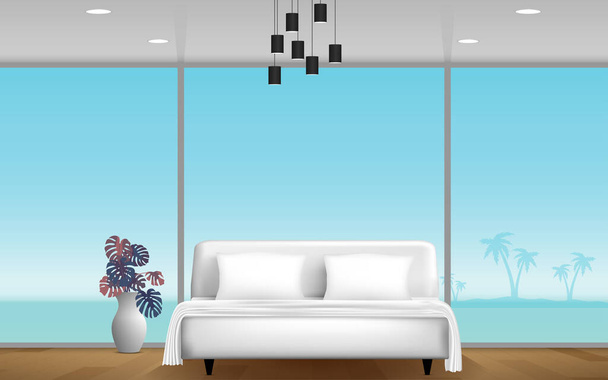 white bed in bedroom on the house on the beach - Vector, Image
