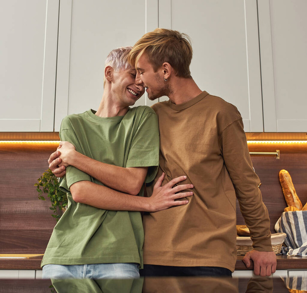 Happy homosexual male pair hugging on modern kitchen - Photo, Image
