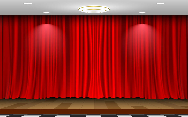 palcoscenico in legno e sfondo rosso tenda nella stanza bianca - Vettoriali, immagini