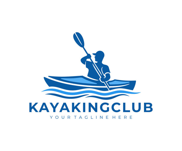 Kayak de rivière, un gars en kayak navigue sur la rivière, logo design. Loisirs kayakistes randonnée, voyage, voyage et voyage, design vectoriel et illustration - Vecteur, image