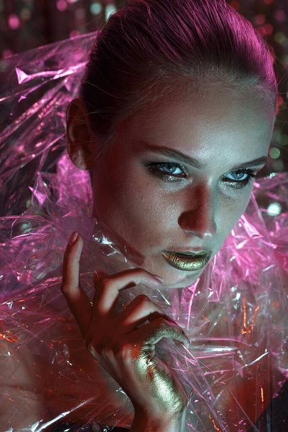 High Fashion model girl in colorful bright neon lights posing in - Valokuva, kuva