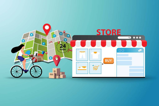 Konzept von Online-Shopping bis Offline-Shopping, junge Frauen fahren Fahrrad, um die Waren im Geschäft vor einem Hintergrund von Karte und Marker in perspektivischer Ansicht abzuholen. - Vektor, Bild