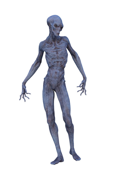 Homem alienígena magro alto com pele cinzenta azul. Renderização 3D isolada em um fundo branco. - Foto, Imagem
