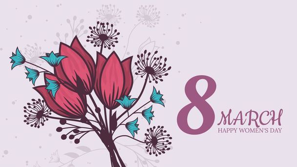 Διάνυσμα ρομαντικό πρότυπο πώλησης οριζόντιο banner για την Ημέρα της Γυναίκας με κόκκινες τουλίπες. Διακοπές ροζ φόντο με πέταλα λουλουδιών και κείμενο 8 Μαρτίου για έκπτωση και ειδικές προσφορές - Διάνυσμα, εικόνα