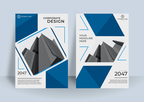 Moderne blaue Einband-Designvorlage. Grafikdesign-Layout mit abstrakten grafischen Elementen und Platz für Fotohintergrund. Auch für Visitenkarte, Magazin, Poster, Geschäftspräsentation, Flyer, Banner - Vektor, Bild