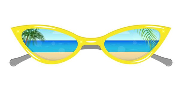 Gafas de sol amarillas con reflejo de paisaje marino. Elemento para el diseño. Hola verano. Ilustración vectorial aislada sobre fondo blanco. - Vector, imagen