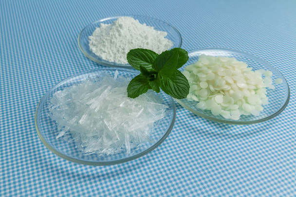 raw materials for the cosmetics industry, mint crystal, wax, powder on blue background - Photo, Image